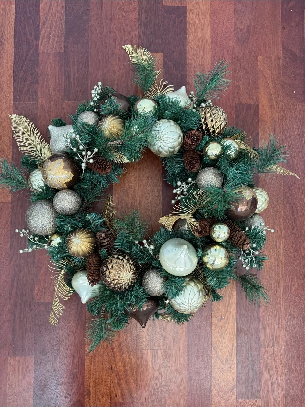 Holiday Pine Wreath with Gold and Green Ornaments